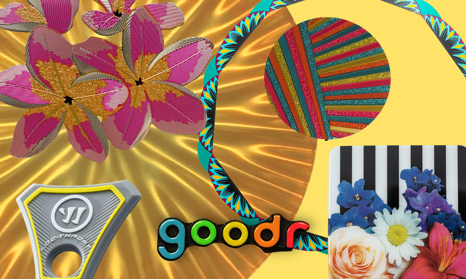 collage of brightly colored parts - rainbow goodr logo; pink, blue, green, gold, and orange circle insert for popsocket, black and white striped background with colorful flowers, gray lacrosse branded insert with neon yellow accent colors, plumeria with bright pink, orange, and silver