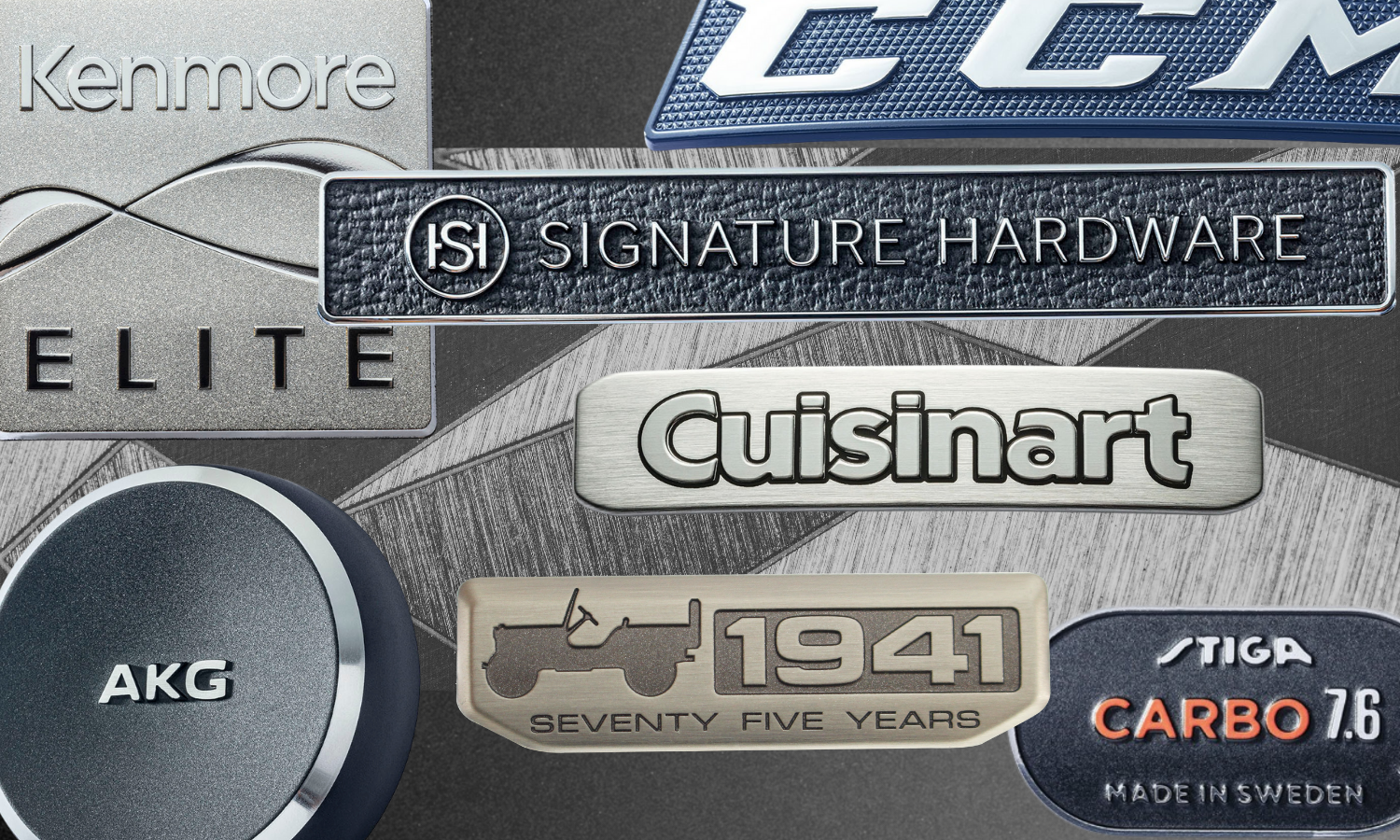 Background of collage is brushed finishes in varying directions at different angles. The foreground includes a collage of metal nameplates. Square with Kenmore Elite high polished text and a sandblast finish on the rest of the part. A slated rectangle with a knurled textured in the background painted dark blue with raised high polished bright chrome letters that say CCM. A narrow rectangle with a leather texture in the background painted black with raised text in high polish bright chrome that says Signature Hardware. A circle that has a spin cut design in the center radiating out painted black with raised letters in the center that say AKG.