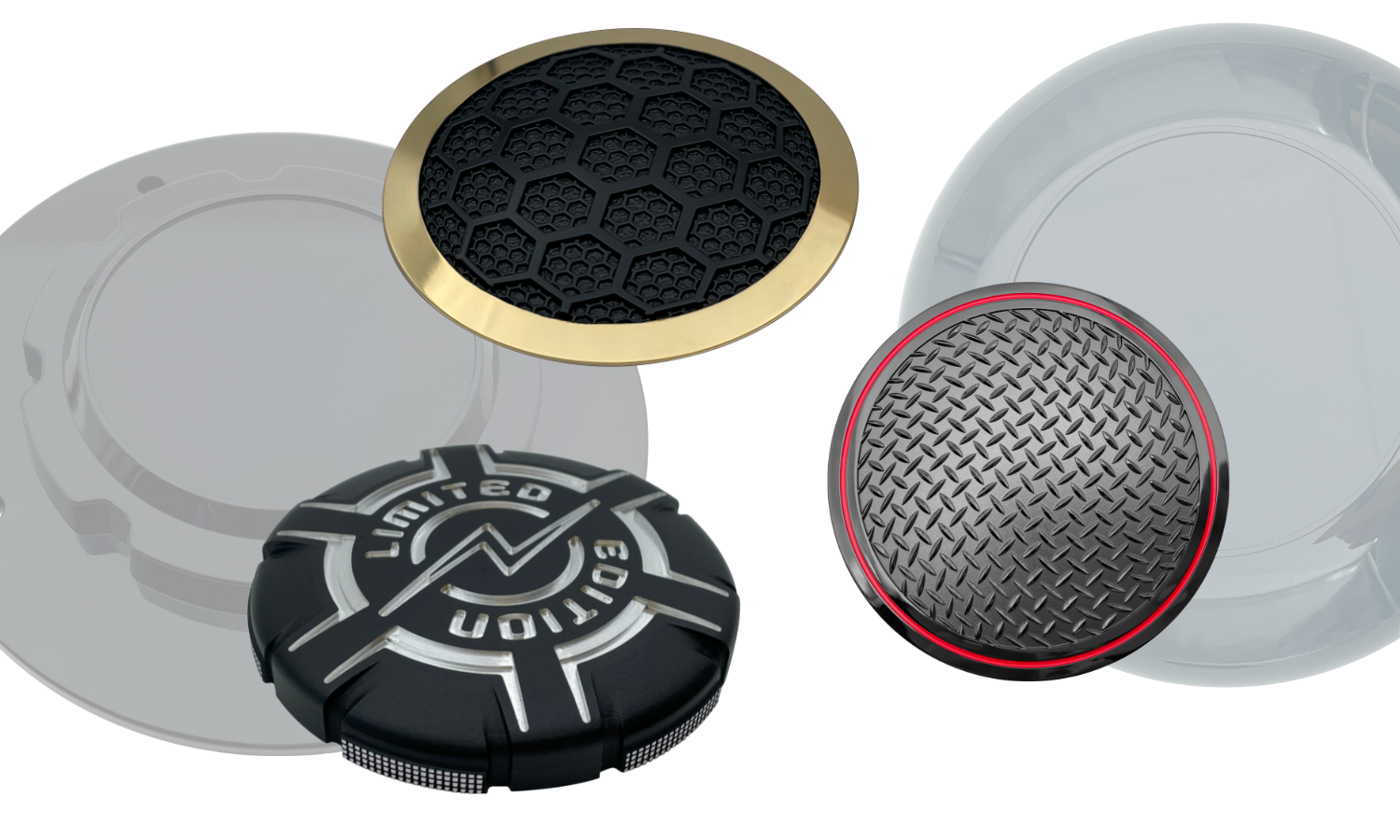 metal caps and inserts for fuel doors. gold perimeter with textured black center; chrome and black with limited edition recessed copy; red perimeter with knurled black center