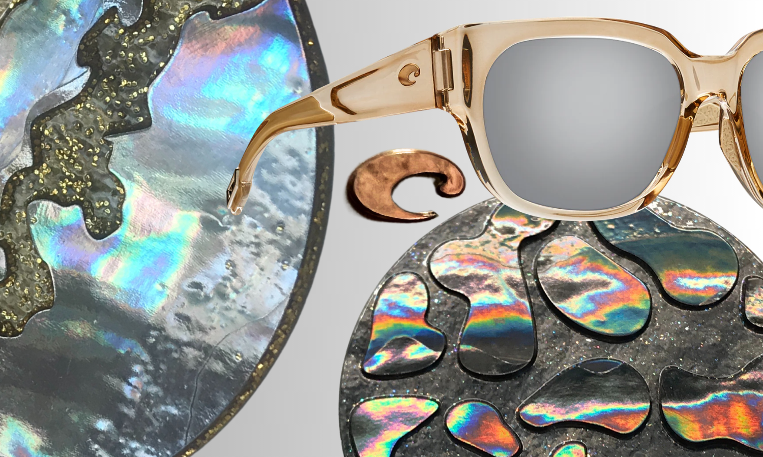 Mother of pearl aesthetics shown in a metal part shaped like a circle. Rose Gold colored mother of pearl shaped like the letter "C" for Costa next to rose gold colored Costa sunglasses.