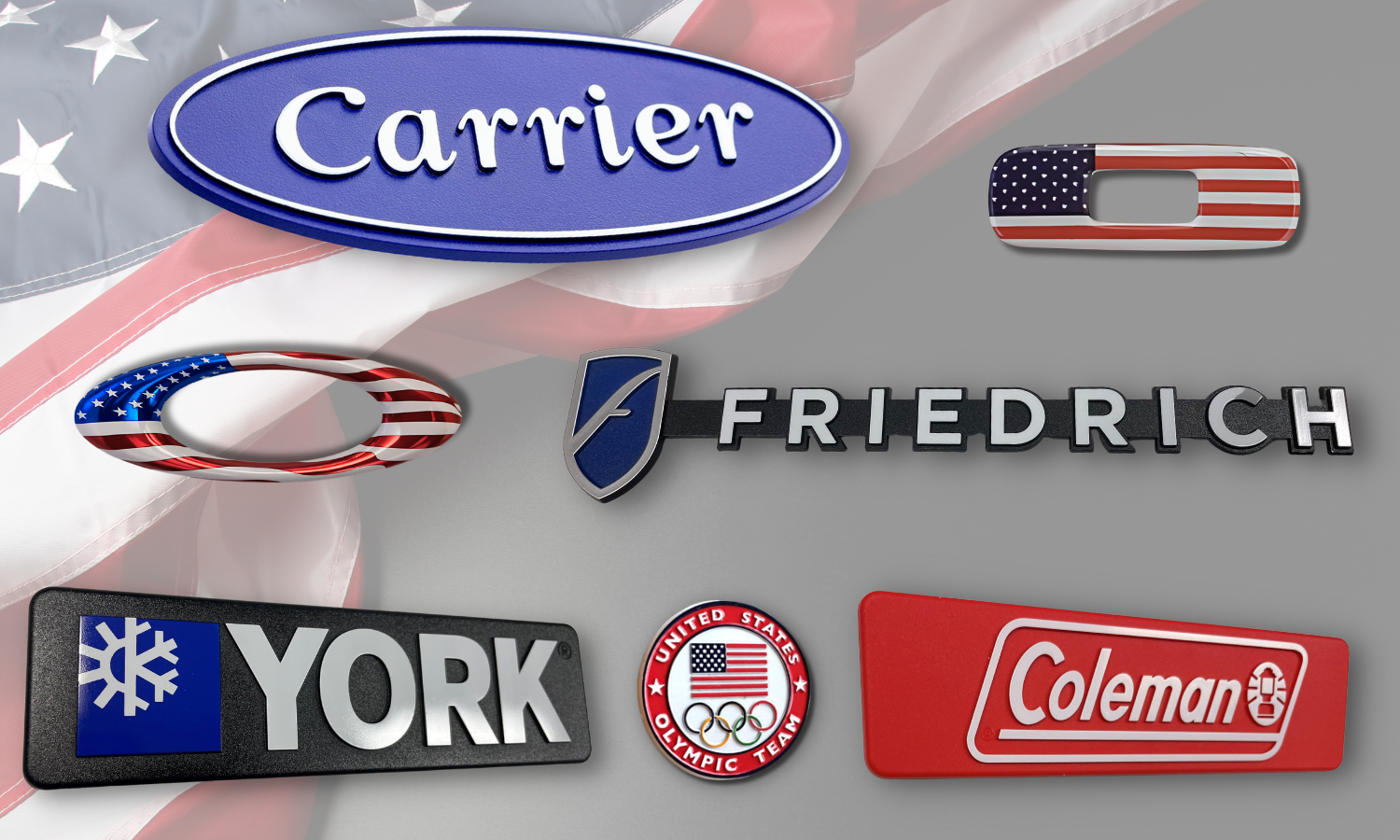 collage of red, white, and blue americana themed nameplates - Carrier, Coleman, York, Friedrich, Oakley, Polo Ralph Lauren, olympics, with american glad faded in background.