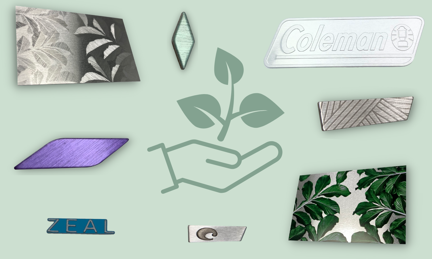Collage of decorative plaques that were made using recycled aluminum as the base material. Brushed aesthetics with artwork showing leaves and other recycled imagery.