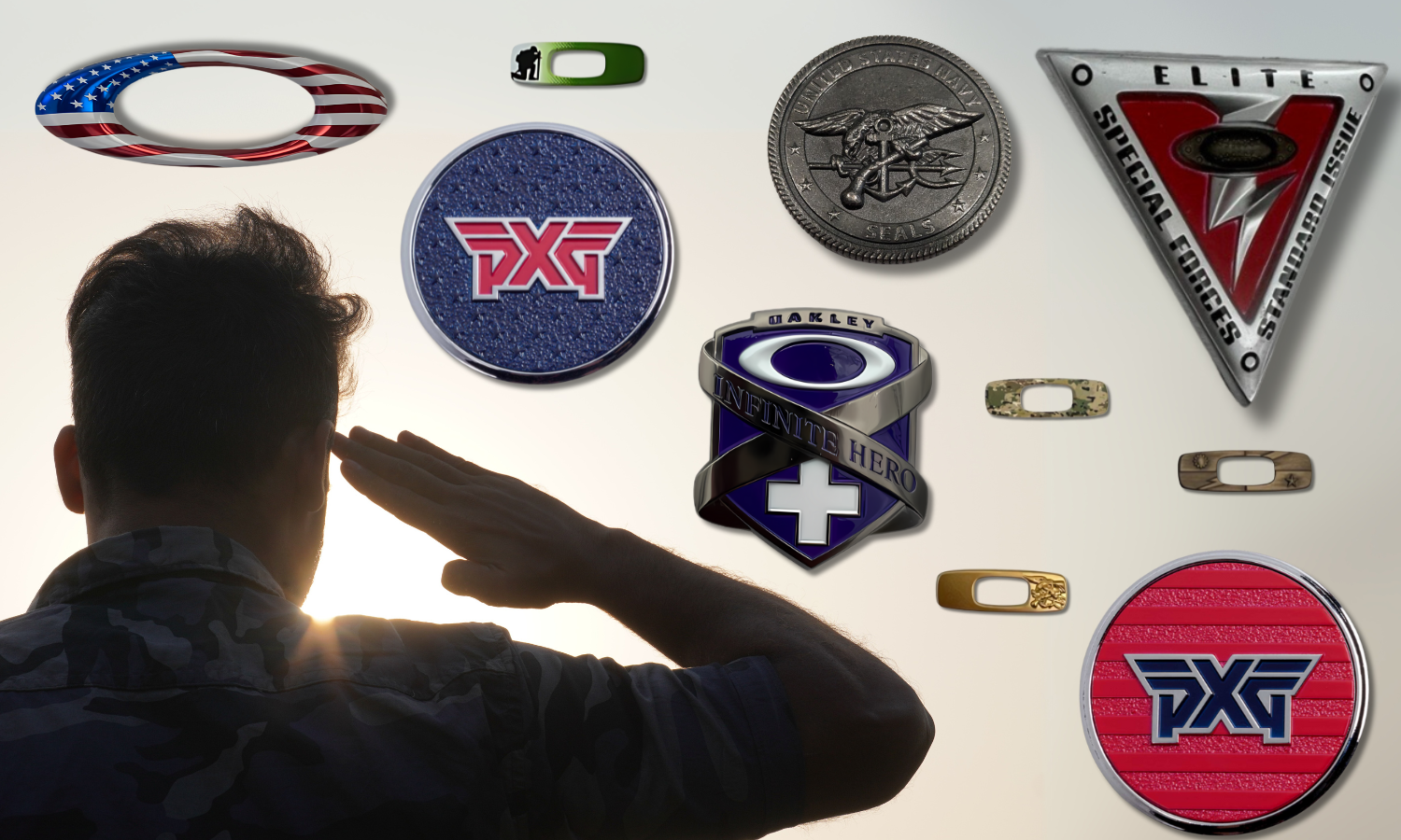 silhouette of soldier saluting with a collage of oakley icons that represent branches of the military and EMS - special forces, camouflage